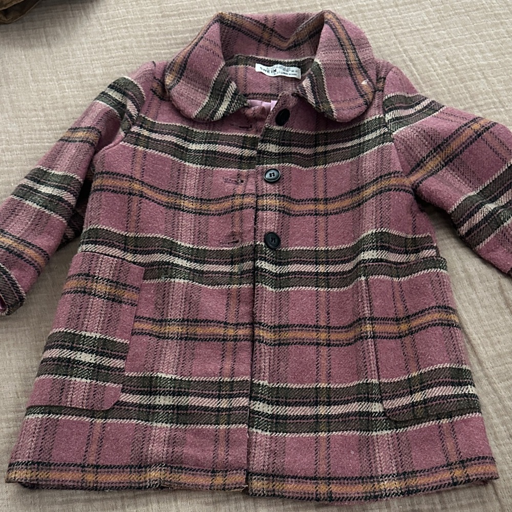 SHEIN Pink and Black Plaid Kids Pea Coat